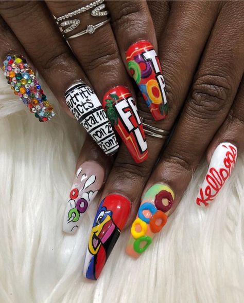 mmirandalaurenn Nail Inspo Long, Crazy Acrylic Nails, Food Nails, Crazy Nail Art, New Template, Nails Design With Rhinestones, Crazy Nails, Black Nail Designs, Design Nails