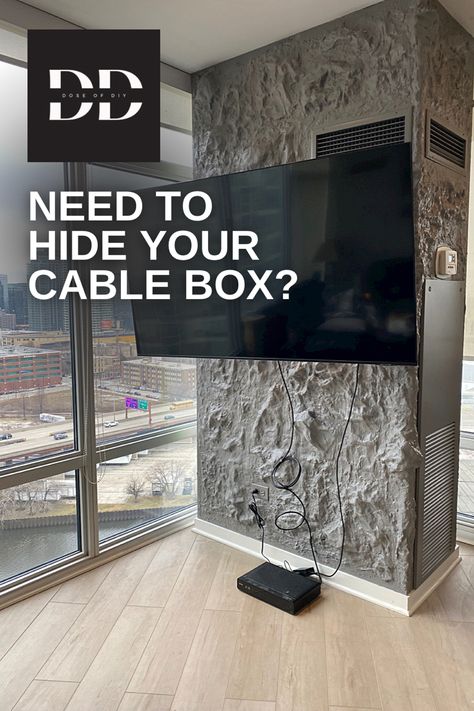 How to hide your cable box or anything else when you don’t want the cords showing using an IR extender and wall mount! Tv Wire Cover Hiding Cords, Hidden Cable Box Behind Tv, Hide Satellite Box Living Rooms, Hidden Cable Box Ideas, Where To Put Cable Box With Mounted Tv, Hide Tv Boxes And Wires, Cable Box Storage Ideas Hide Router, How To Hide Xbox On Mantle, Tv Component Storage Ideas