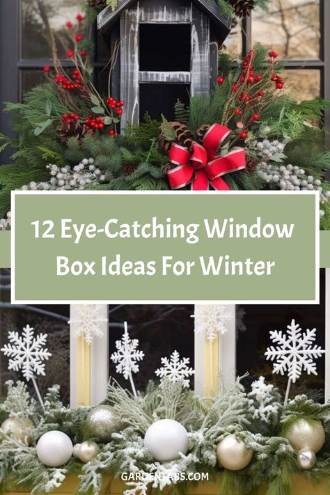 12 Eye-Catching Window Box Ideas for Winter Christmas Planter Boxes With Lights, Cabbage Window Boxes, Holiday Window Wreaths, Under Window Decor Outdoor, Xmas Window Boxes Decorating Ideas, Christmas Planter Box Ideas, Winter Flower Boxes Outside, Farmhouse Christmas Window Decor, Winter Window Boxes Ideas