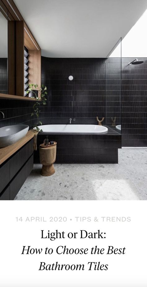 Depending on the overall theme, bathroom tiles could be achieved with dark tiles or light tiles – or both. We’ll take you through the pros and cons of each. Bathroom Dark Floor Light Wall Tile, Dark Tiled Bathroom, Charcoal Tile Bathroom, Dark Tile Bathroom, Black Tile Bathroom Floor, Dark Tile Floors, Bathroom Tiles Combination, Bathroom Tiles Design Ideas, Black Tile Bathrooms