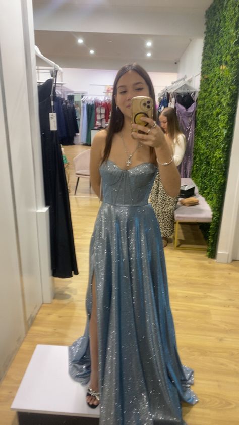 Formal Dresses Corset Top, Prom Dresses Year 11, Prom Dress Silver Sparkle, Silver Blue Prom Dress, Prom Dresses For Blonde Hair, Under The Stars Prom Dress, Blue Glittery Prom Dress, Formal Dress For Graduation, Silver Prom Dress Sparkly