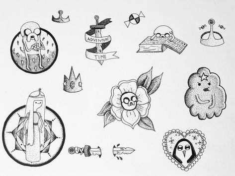 Tattoos Adventure Time, Tattoos Adventure, Tatoo Adventure, Adventure Time Tattoo, Traditional Tattoo Inspiration, Free Tattoo Designs, Flash Tattoo Designs, Tattoo Flash Sheet, Graffiti Cartoons