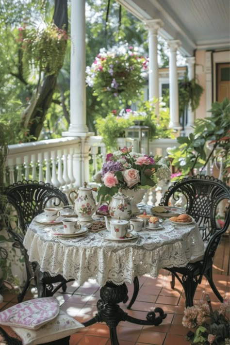 Outdoor Tea Party, Cozy Patios, Sink Diy, Bathroom Sink Diy, Pretty Porches, Vintage Tea Rooms, Covered Backyard, Shabby Chic Porch, Bohemian Patio