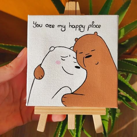 Mini Canvas Friends Painting, My Happy Place Drawing, Cute Things To Draw On Canvas, Cute Couple Canvas Paintings, Cute Friend Paintings, Cute Painting For Best Friend, Cute Paintings On Mini Canvas, Painting To Gift Best Friend, Couple Painting Ideas Cartoon Easy