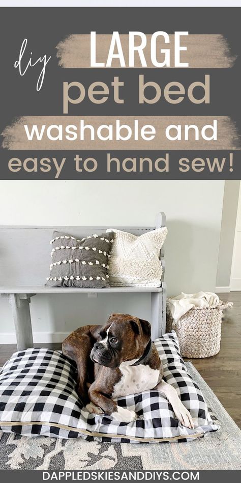 Two money saving hacks for using a 3 dollar bed pillow to create both a DIY throw pillow insert and a DIY pet bed that's washable and easy to hand sew! Washable Dog Bed Pillow DIY Making A Dog Bed, Dog Bed Pattern, Diy Dog Bed Pillow, Diy Dog Accessories, Pet Bed Pattern, Cheap Pillows, Diy Pet Bed, Diy Throw Pillows, Small Pet Bed