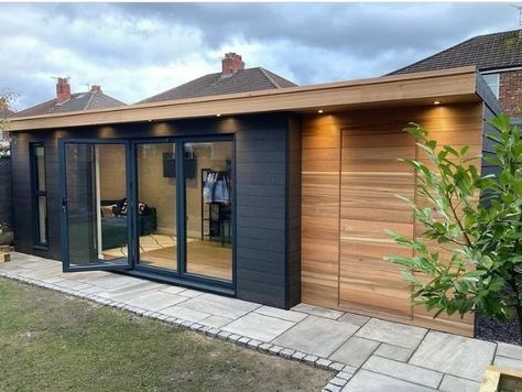 Sound studio and shed combo with Cedar cladding in Stretford, Manchester | Garden Studios Outbuilding Ideas, Gym Shed, Barber Shop Interior, Composite Cladding, Cedar Cladding, Home Gym Decor, Sound Studio, Gym Decor, House Interiors