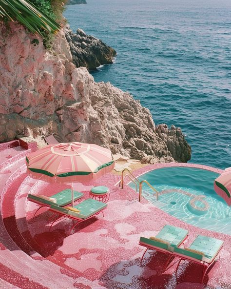 Let’s spend the week here ☀️ #resortvibes #hotelarchitecture #fancyhotel #pinkcore #glitter #thisisnotreal #luxuryresort #luxurylifestyle #luxuryhomes #aidesign #pinkandblue #oceanview #oceanviewhome #aiconcept Rich Pool Aesthetic, Pool House With Kitchen, Barcelona Garden, Hand Poetry, Digital Surrealism, Mermaid Hotel, Pool Wallpaper, Bali Pool, Summer Vacation Aesthetic