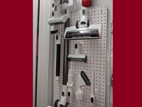 Pegboard Storage for Tineco Vacuum Accessories by ArtieH - Thingiverse Vacuum Attachment Storage Ideas, Central Vacuum Hose Storage Ideas, Vacume Cleaner Storage Ideas, Coat Closet Shelving, Vacuum Storage Ideas, Tineco Vacuum, Storage Cupboard Ideas, Vacuum Cleaner Storage, Cleaning Closet Organization