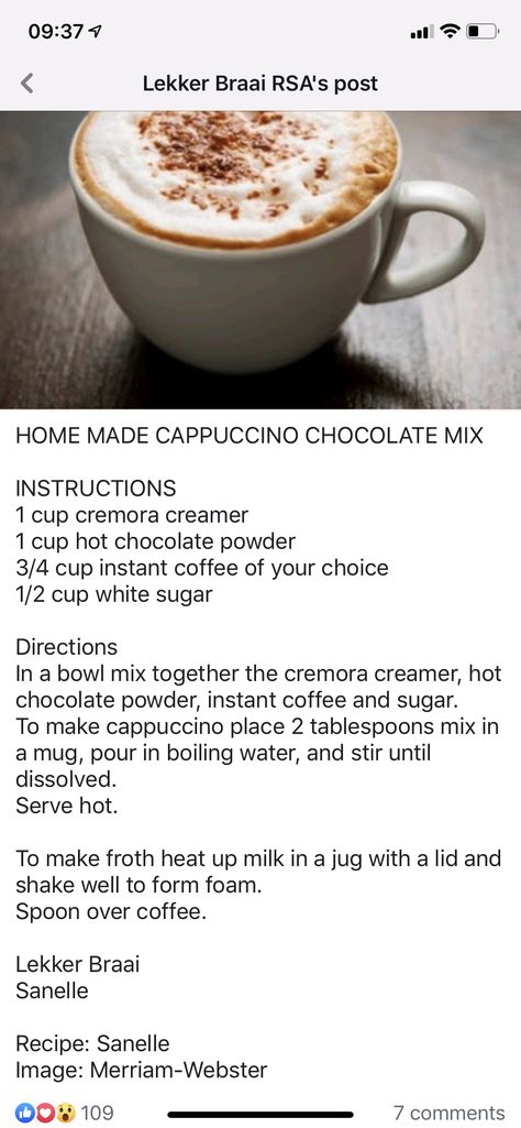 Homemade Cappuccino Mix Recipe, Cappuccino Mix Recipe, Cappuccino Recipes, Homemade Cappuccino, Diy Coffee Drinks, Cappuccino Recipe, Hot Drinks Recipes, Chocolate Cappuccino, Cafe Ideas