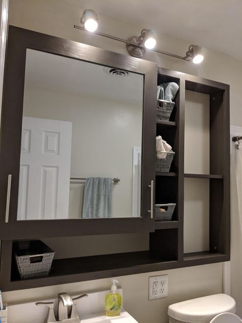 Built In Bathroom Storage, Bathroom Mirror With Storage, Mirror With Storage, Large Bathroom Mirrors, Bathroom Mirror Storage, Bathroom Mirror Design, Bathroom Mirror With Shelf, Mirror Storage, Modern Bathroom Mirrors