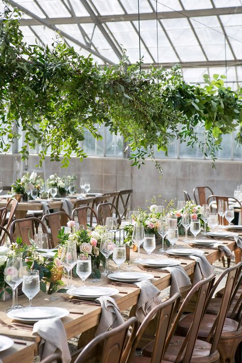 Glass House Wedding Receptions, Greenery Installation, Greenhouse Venue, Popular Wedding Themes, Glass House Wedding, Wedding Reception Design, Low Centerpieces, Rustic Wedding Reception, Theme Nature