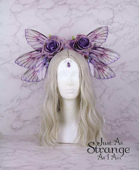 Fairy Wings Flower Crown Festival Butterfly Headpiece - Lilac Purple Rose - Renaissance Fair - Bridal - Adult Fantasy Costume Fairycore Character Jewelry, Butterfly Headpiece, Rose Accessories, Handmade Fairy, Purple Decor, Festival Accessories, Swarovski Beads, Fantasy Costumes, Fairy Costume