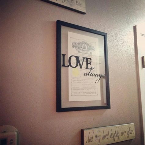 Getting our marriage license in less than a month!!! We're getting married on valentines day this year but having the wedding ceremony in September on our 2 year anniversary from when we officially got together ^_^ but I love this display idea for our marriage license!! Marriage Certificate Display, Ideas Master Bedrooms, Marriage Records, Wedding Certificate, Marriage Certificate, Marriage License, Perfect Bedroom, Marrying My Best Friend, Master Bedrooms