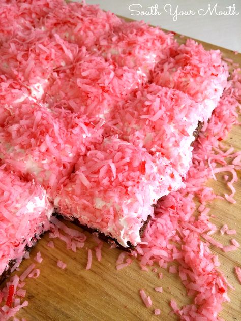 Sno Ball Brownies | South Your Mouth | Bloglovin’ Snowball Brownies Recipe, South Your Mouth Recipes Desserts, Sno Balls Recipe, Sno Ball Brownies, Snoball Brownies, Snowball Brownies, Sno Ball Recipe, Pink Brownies, Hostess Snowballs