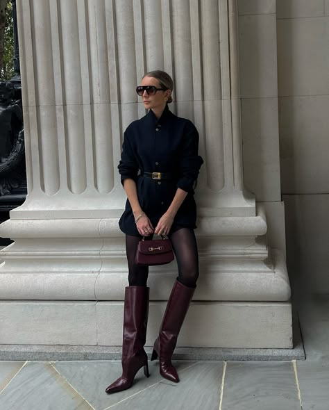 When the jacket IS the outfit 👌🏼 #kneehighboots #burgundy #fallfashiontrends #shortskirt #miniskirts #armani #quietluxury #autumnoutfitideas Maroon Boots Outfit Knee High, Burgundy Boots Outfit Women, Burgandy Boot Outfit Winter, Knee High Burgundy Boots Outfit, Tall Burgundy Boots Outfit, Mahogany Boots Outfit, Wine Boots Outfit, Dark Red Boots Outfit, Burgundy Boots Outfit Winter