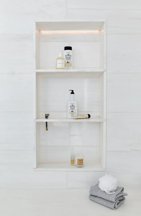 Sweet Home Haven | Tara Fingold Framed Shower Niche, Tall Shower Niche With Shelves, 3 Shelf Shower Niche, Stacked Shower Niche, Shower Niche Measurements, Large Shower Niche Ideas, Marble Shower Niche, Gray Subway Tiles, White Marble Tile Floor