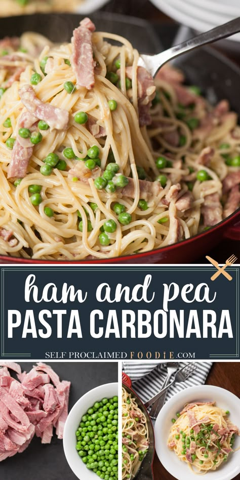 Ham Peas And Pasta, Ham Pasta Recipes, Ham And Peas, Dinner Ham, Pea Pasta, Ham Pasta, Pasta Carbonara Recipe, Carbonara Sauce, Carbonara Recipe