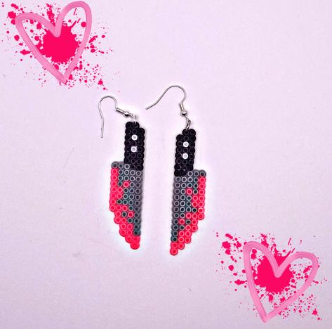 Perler bead silver coated earrings  Handmade by my two young daughters Syringe Perler Beads, Melty Bead Jewelry, Melted Bead Earrings, Perler Bead Knife Patterns, Perler Bead Patterns Knife, Small Perler Beads Ideas Halloween, Knife Perler Bead Patterns, Perler Bead Inspiration, Tim Burton Perler Beads