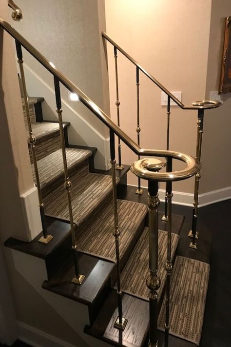 Grande Forge brass scrolls and handrail were used to add a touch of elegance to this railing. Items used include: MCL45, DL45L and DL45R, CSL616. Entry Railing, Brass Railings, Brass Handrail, Brass Railing, European Kitchen Design, Indoor Railing, European Kitchen, Staircase Railing, European Kitchens