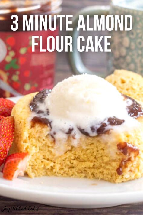 Who loves not having to share their desserts? This Almond Flour Mug Cake is meant to be enjoyed - just by you! The ENTIRE cake has less than 6 net grams of carbs and is ready in just three minutes of time! It's time to treat yourself - without any of the guilt. No Egg Mug Cake, Almond Flour Mug Cake, Keto Mug Cake Microwave, Mug Cake Keto, Mug Cake Easy, Keto Sweet Snacks, Gluten Free Cupcake, Microwave Mug Cake, Cake Microwave