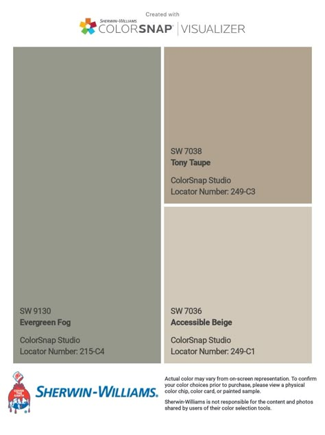 Color Palette With Evergreen Fog, Accessible Beige Sherwin Williams Nursery, Accessible Beige And Green, Dried Thyme Paint Color, Sherwin Williams Accessible Beige Pallet, Accessible Beige Sherwin Williams Exterior, Realist Beige Sherwin Williams, Repose Gray Exterior, Shiitake Sherwin Williams