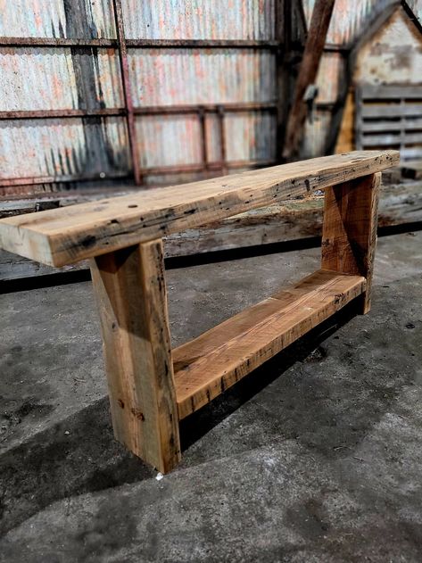 The Big Flat Creek Reclaimed Heart Pine Sofa Table Beam Furniture Ideas, Diy Extra Long Sofa Table, Diy Rustic Sofa Table, Reclaimed Barn Wood Projects, Raw Edge Sofa Table, Rustic Wooden Sofa Table, Reclaimed Wood Entryway Table, Reclaimed Wood Entry Table, Couch Table Diy