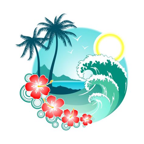 Surf Stickers, Island Design, Surf Art, Hawaiian Islands, Tropical Islands, Vintage Summer, Round Stickers, Palm Trees, Hibiscus