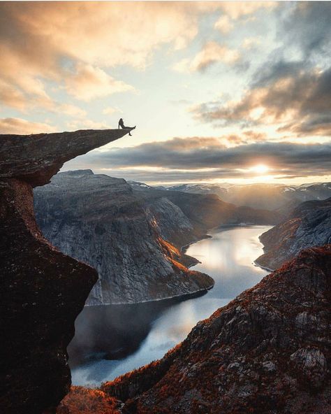 Trolltunga rock formation in Norway Hiking Places, Landscape Photography Tips, Norway Travel, Landscape Photography Nature, Beautiful Places In The World, On The Edge, Most Beautiful Places, Hetalia, Adventure Time