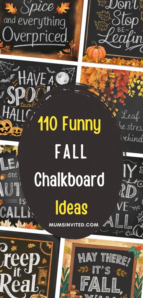 Welcome Fall 2024 in style with our funny chalkboard art ideas & quotes! Find the perfect way to say hello to the cozy season with our easy & diy chalk art projects. From simple designs that anyone can create to more intricate & aesthetic pieces, there's something for every skill level. Get inspired by our favorite happy autumn quotes & sayings, perfect for adding a touch of warmth & joy to your home, or classroom. Let your creativity bloom this fall with these cute fall chalkboard ideas! Funny Chalkboard Signs For Home, Fall Chalkboard Signs Sayings, Fun Chalkboard Quotes, Chalkboard Ideas For Fall, Autumn Blackboard Chalk Art, Fall Sayings For Chalkboard, Simple Fall Chalkboard Art, Halloween Chalkboard Art Diy, Funny Chalkboard Art