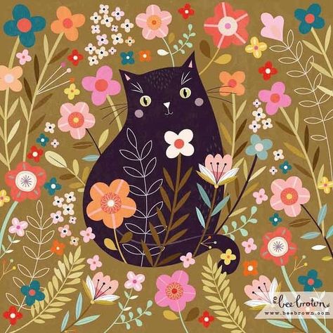 Paint A Pot, Lucky Black Cat, Daily Illustration, Birthday Menu, Cat Greeting Cards, Flowers Illustration, Cat Flowers, Cats Artists, Scandinavian Folk Art