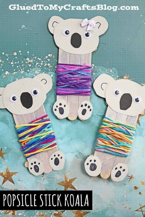 #gluedtomycrafts Popsicle Stick Koala Bear In Sweater - Kid Craft Koala Crafts, Zoomerang Vbs, Koala Party, Koala Craft, Sticks Crafts, Jungle Crafts, Yarn Crafts For Kids, Puppet Crafts, Vbs Crafts