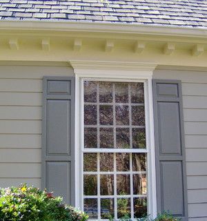 Kelly Porter Pelican Gray 1612 (siding) and Delray Gray 1614 (shutters) by Benjamin Moore are similar colors. 2 years ago · Like House Shutter Colors, Window Shutters Exterior, Shutter Colors, Exterior Window, Shutter Designs, Dentil Moulding, House Shutters, Window Trim Exterior, Colonial Exterior