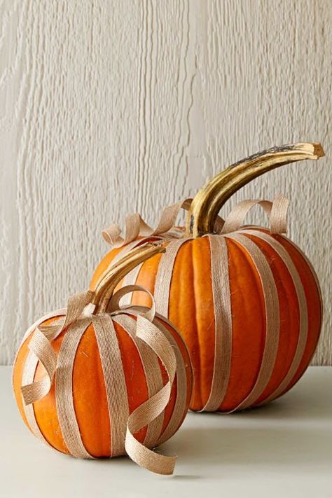 Tie on country charm with this rustic fabric. How to make it: Secure a strip of narrow burlap ribbon ($2.99/roll; joann.com) to the top of the shell using hot-glue, then run ribbon along the side of the pumpkin and secure it to the bottom with glue. Repeat as desired. Twist ribbon to add two curled tendrils at the top. Secure with hot-glue. (Wired or coiled ribbon will hold its shape best.) Decorate Pumpkins, Pumpkin Decorating Ideas, Creative Pumpkin Decorating, Creative Pumpkin Carving, Twisted Ribbons, Creative Pumpkins, Fall Deco, Pumpkin Halloween Decorations, Theme Halloween