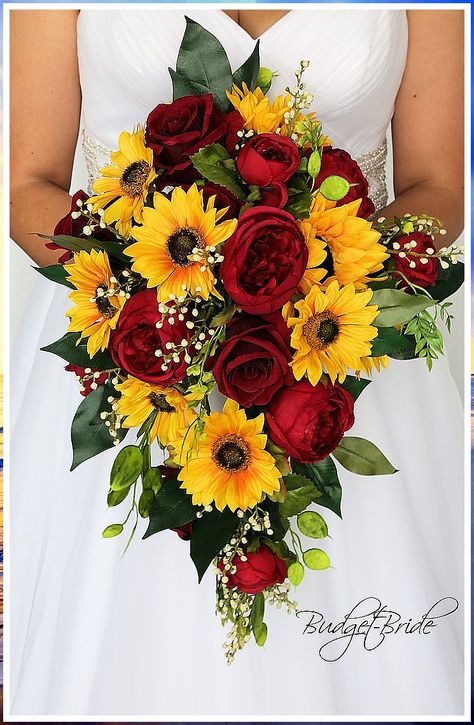 Wedding Flower Arrangements - Psst: Whatever you are looking for, buy it from Amazon.com NOW!! Sunflowers And Red Roses, Small Bridesmaid Bouquets, Sunflowers And Roses, Sunflower Wedding Bouquet, Cascading Wedding Bouquets, Sunflower Themed Wedding, Red Bouquet Wedding, Rustic Outdoor Wedding, Brides Bouquet