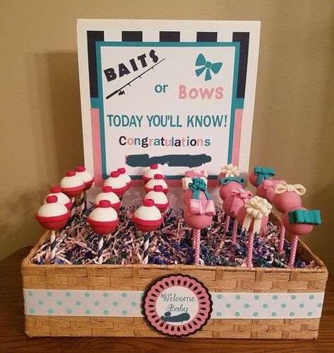 Bows Or Bobbers, Baits Or Bows Gender Reveal Decorations, Bobber Or Bows Gender Reveal, Baits And Bows Gender Reveal, Fishing Baby Gender Reveal Ideas, Fishing Gender Reveal Decorations, Bait Or Bows Gender Reveal Ideas, Bobbers And Bows Gender Reveal, Fishing Theme Gender Reveal Ideas