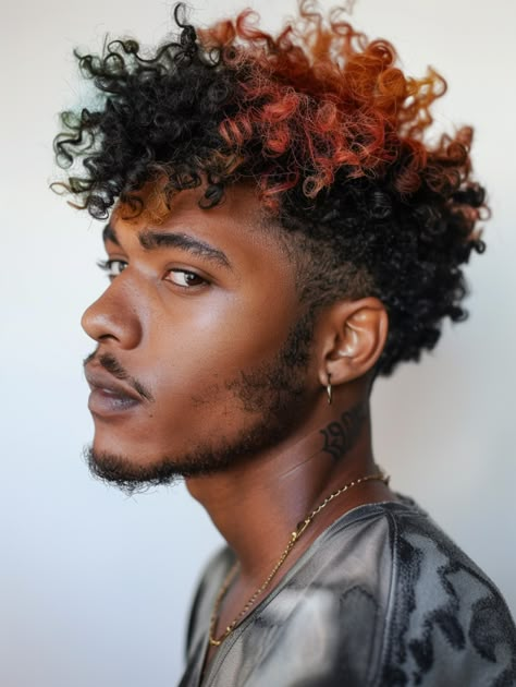 29 Unique Black Men's Curly Hairstyles: Short, Medium, & Long Hair with Fades, Twists, & Beards Alt Model, Dramatic Hair Color, Black Men Hair Colour, African Men Hairstyles, Afro Hair Color, Dramatic Hair Colors, Short Curly Afro, Vi Cosplay, Men's Curly Hairstyles