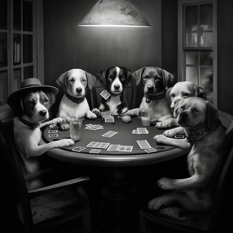 Dogs Playing Poker, Dogs Playing, Black And White Canvas, Tampa Fl, Pet Bowls, Pet Bandana, Pet Beds, White Canvas, Dog Art