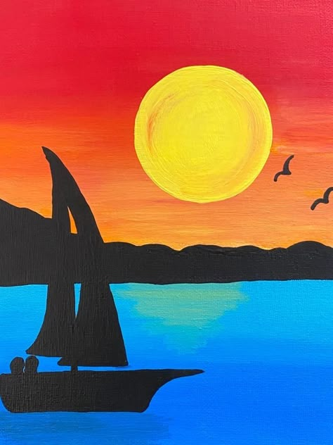 Cute Sunset Paintings, Simple Sunset Painting, Sunset Painting Ideas On Canvas, Painting Ideas On Canvas Sunset, Painting Of Sunset, Sunset Paint, Painted Sunset, Sunset Drawing, Drawing Sunset