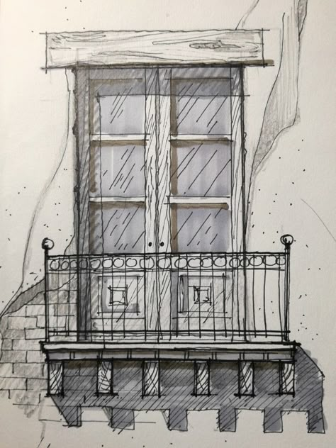 Asian Building Drawing, Window Pencil Drawing, Window Drawing Sketch, Building Drawing Architecture Sketches, Balcony Drawing, Windows Drawing, Storybook Art Illustrations, Window Sketch, London Drawing