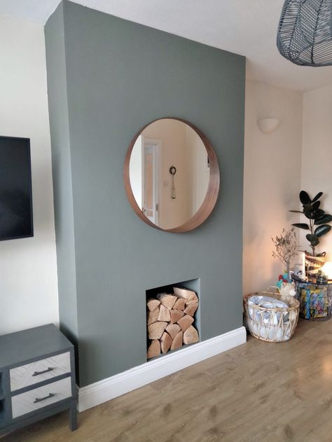 Chimney breast, living room Wallpaper Chimney Breast Living Room, Lounge Chimney Breast Ideas, Small Living Room Chimney Wall Ideas, Dining Room Chimney Breast Ideas, Chimney Breast Colour Ideas, Chimney Wall Ideas No Fireplace, Medium Blue Walls, Wallpaper Chimney Breast, Chimney Breast Ideas No Fireplace