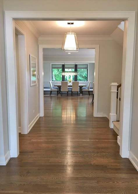 This is the view from the front door. Foyer light fixture is the Kyle Pendant from Lumens. Dining room light fixture is the Adeline Crystal Rectangular Chandelier from Pottery Barn. Wall color is City Loft (SW 7631). Trim color is Snowbound (SW 7004). Floor is white oak stained with 1/2 Special Walnut, 1/2 Classic Gray. Front Door Foyer, Classic Wood Floors, Floor Stain Colors, Wood Floor Stain Colors, Walnut Wood Floors, Wood Floor Colors, Foyer Light, Hardwood Floor Colors, Foyer Lighting Fixtures