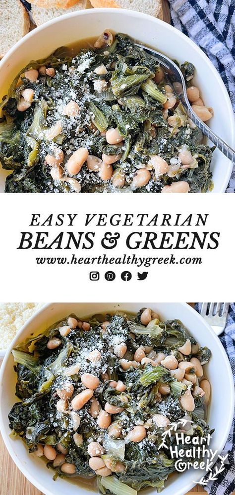 These Easy Vegetarian Greens and Beans are a great side or main dish. Serve them with a crusty bread for scooping and soaking up all the deliciousness! #medieterraneanrecipes #mediterraneandiet #lentenrecipes #vegetariansidedishes Collards And White Beans, Leafy Green Vegetables Recipes, Vegetarian Greens, Healing Meals, Healthy Greek Recipes, Green Vegetable Recipes, Greens And Beans, Veggie Entrees, Easy Bean Recipes