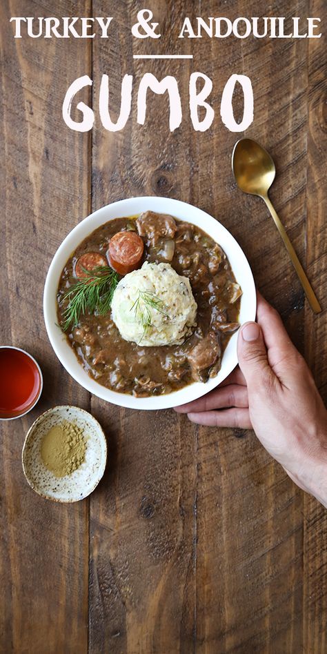 Turkey Andouille Gumbo — Probably This Turkey Gumbo, Tough Women, Thanksgiving Leftovers, Andouille, Buzzfeed Food, Bowl Of Soup, Badass Women, Gumbo, Soul Food