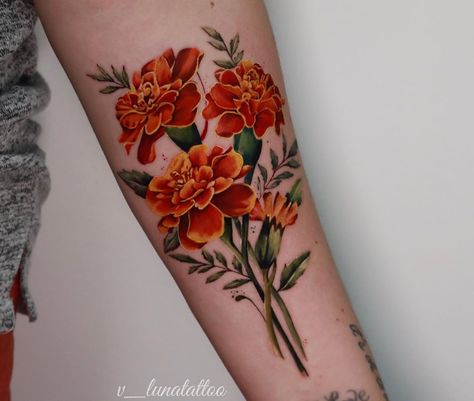 Dainty Flower Tattoos, Marigold Tattoo, 10 Tattoo, Small Rose Tattoo, Wicked Tattoos, Love Tattoo, Birth Flower Tattoos, Shoulder Tattoos For Women, Memorial Tattoos