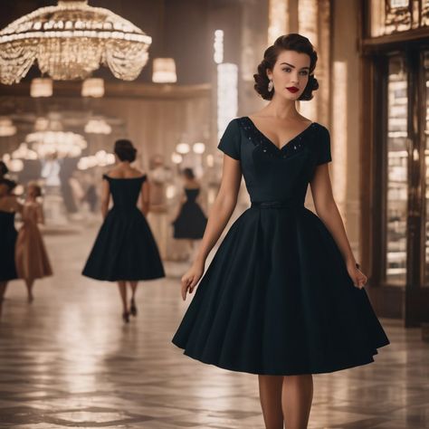 Mid Century Dress, Black Vintage Dress Classy, 50s Style Aesthetic, 1950s Female Fashion, Vintage 1950s Dresses 50 Style, 50 Dresses Vintage 1950s, 1950 Accessories, Dresses For Hourglass Shape, 50s Dresses Vintage