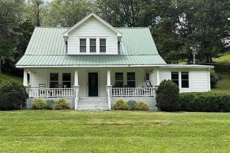 Green Metal Roof Farmhouse, Farmhouse Exterior Green, Metal Roof Farmhouse, Metal Roofs Farmhouse, Green Metal Roof, Realistic House, Green Roof House, White Farmhouse Exterior, Farmhouse Green