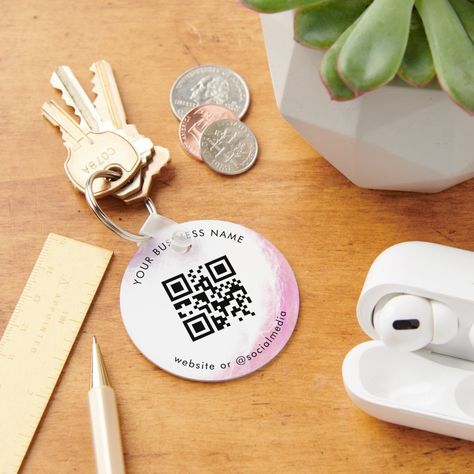 Pink Watercolor Blush Add Custom QR Code Scan Keychain Aesthetic Candles, Client Gifts, Personalized Keychain, Promotional Item, Custom Keychain, Pink Watercolor, A Metal, Different Shapes, Business Logo