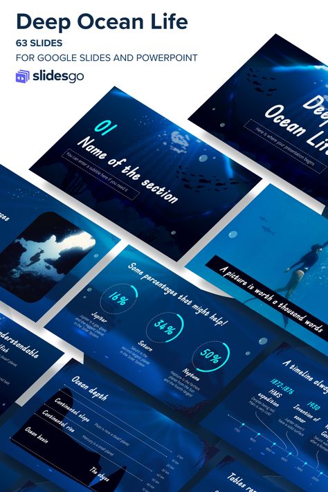 Deep Ocean Life Blue Power Point Template, Ocean Ppt Background, Ocean Presentation Design, Ocean Presentation, Ocean Powerpoint, Ocean Font, Ppt Ideas, Giving A Presentation, The Deep Ocean