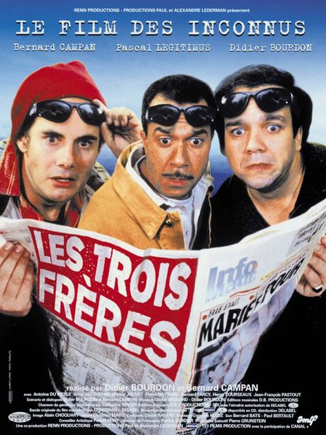 Affiche du film Les Trois Frères.  Trois demi-frères, qui ne se connaissent pas, sont convoqués devant un notaire pour prendre possession d'un héritage de 3 millions de francs de leur mère chanteuse, décédée depuis deux ans aux États-Unis. Hollywood Party Theme, French Movies, French Films, Three Brothers, Cinema Posters, Top Movies, Movie Collection, The Hollywood Reporter, Classic Films