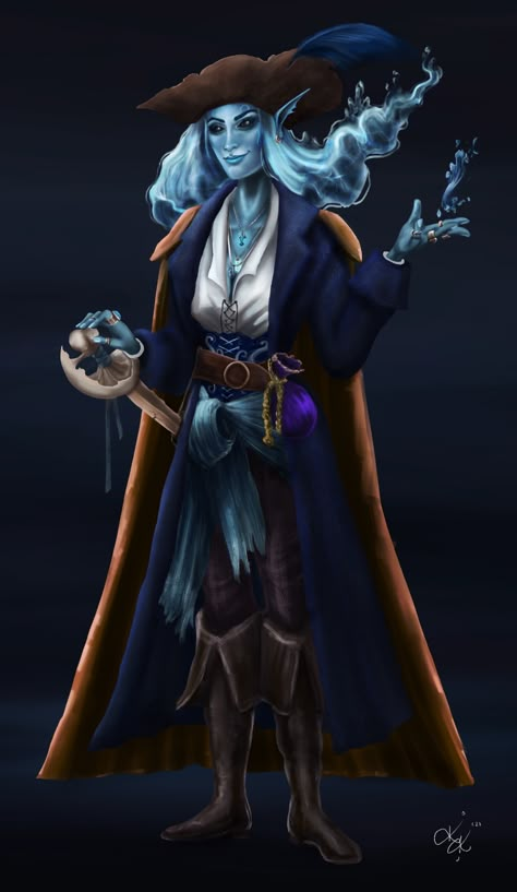 River Siren Dnd, Water Genasi Female Pirate, Water Genasi Pirate, Sea Wizard, Water Genasi, Relic Hunter, Dnd Npc, D D Character Ideas, Roleplay Characters